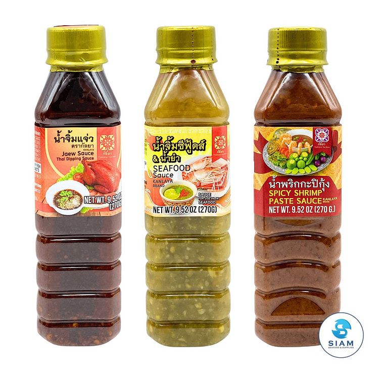 (แพ็ครวม 3 ขวด) น้ำจิ้มแจ่ว+น้ำจิ้มซีฟู้ด+น้ำพริกกะปิกุ้ง ตรากัลยา