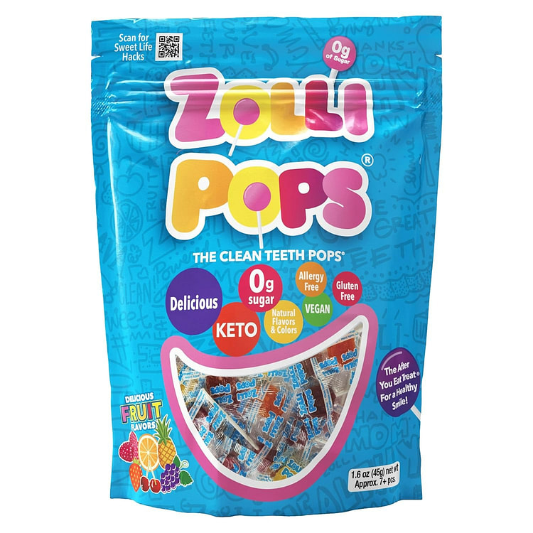 Zollipops 洁牙棒棒糖，防蛀牙棒棒糖，无糖糖果，多种天然水果味 45克一包装，适合成人和儿童的零食，健康又美味牙齿健康零食。美国仓库发货，包邮