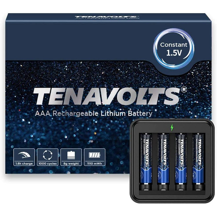 TENAVOLTS 1.5V AAA 可充电锂电池，4 节，带充电器