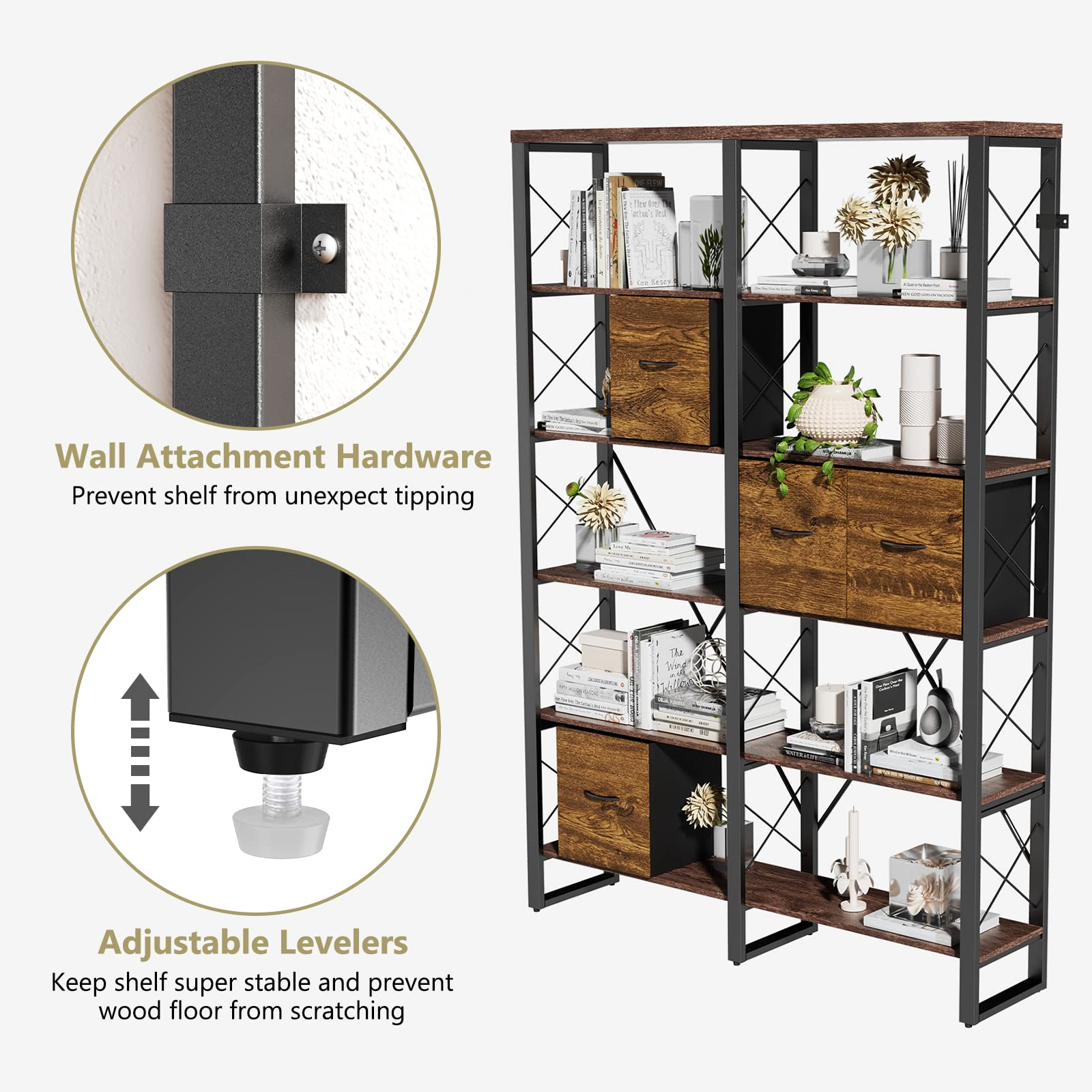 76” Double Wide 6-Tier Bookshelf ,Large Bookshelf for Home Office