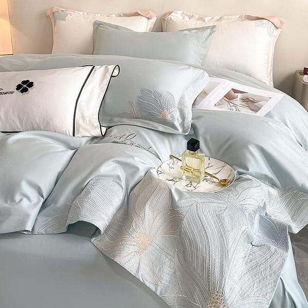 LULLABUY Hepburn Embroidery 80S Bedding Set Blue Double Size 2000 g