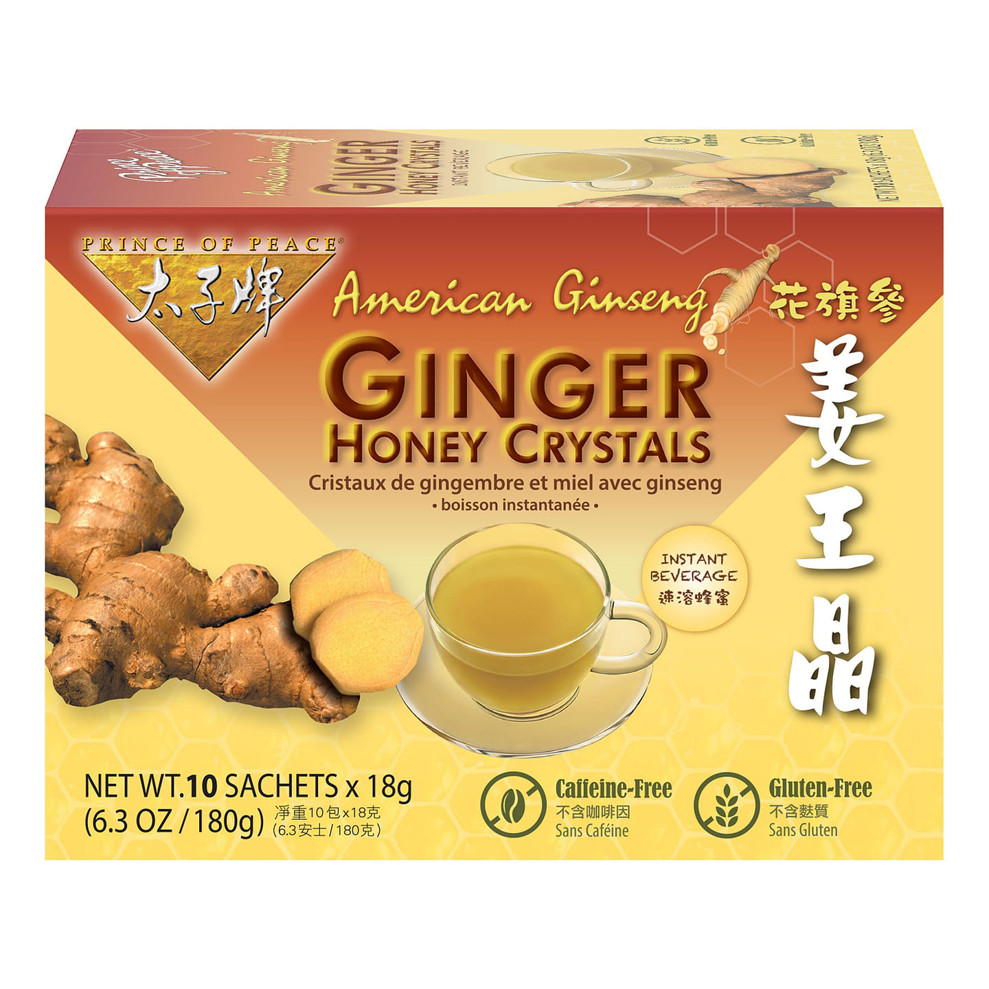Prince of Peace Instant American Ginseng Ginger Honey Crystals, 10 sachets 1 box