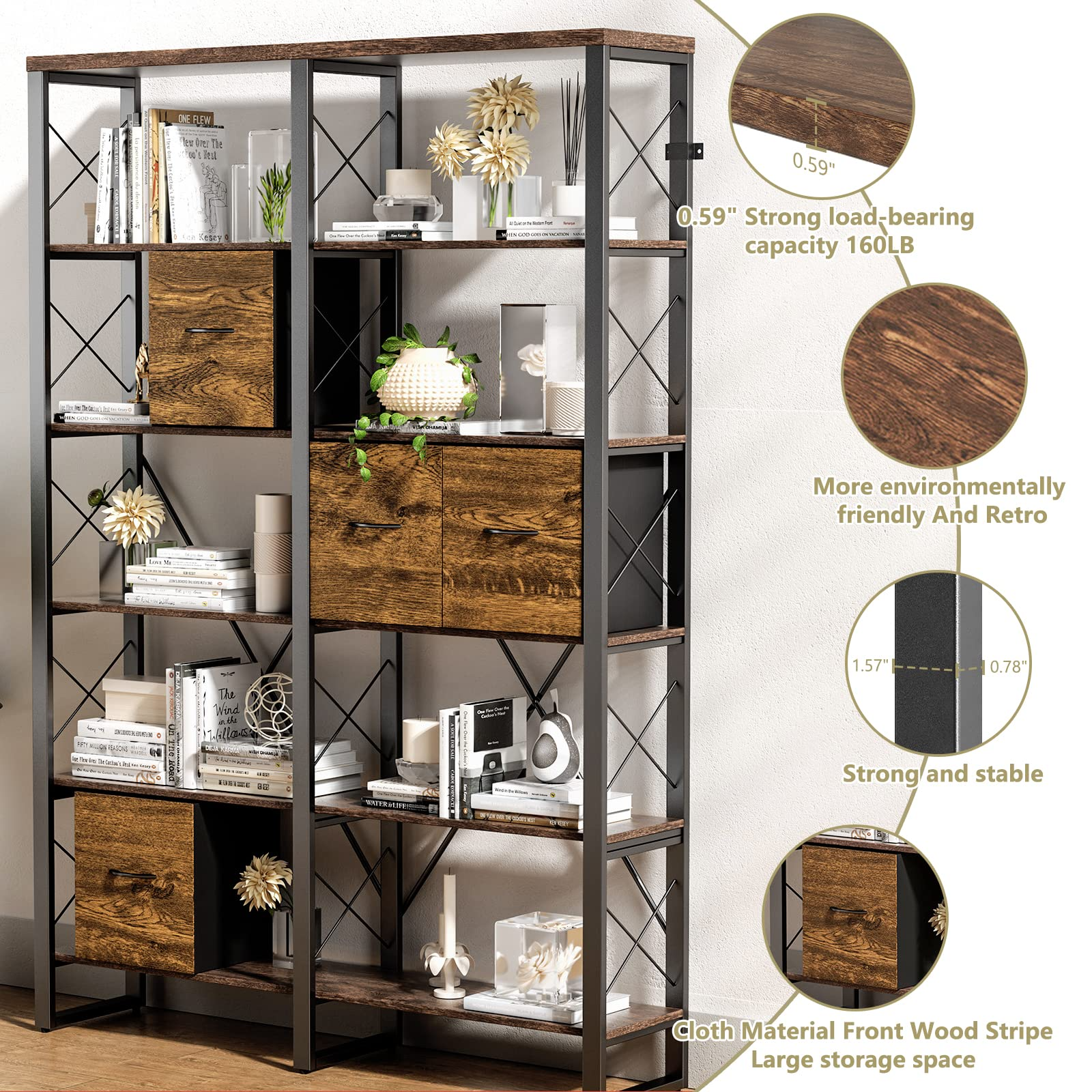 76” Double Wide 6-Tier Bookshelf ,Large Bookshelf for Home Office