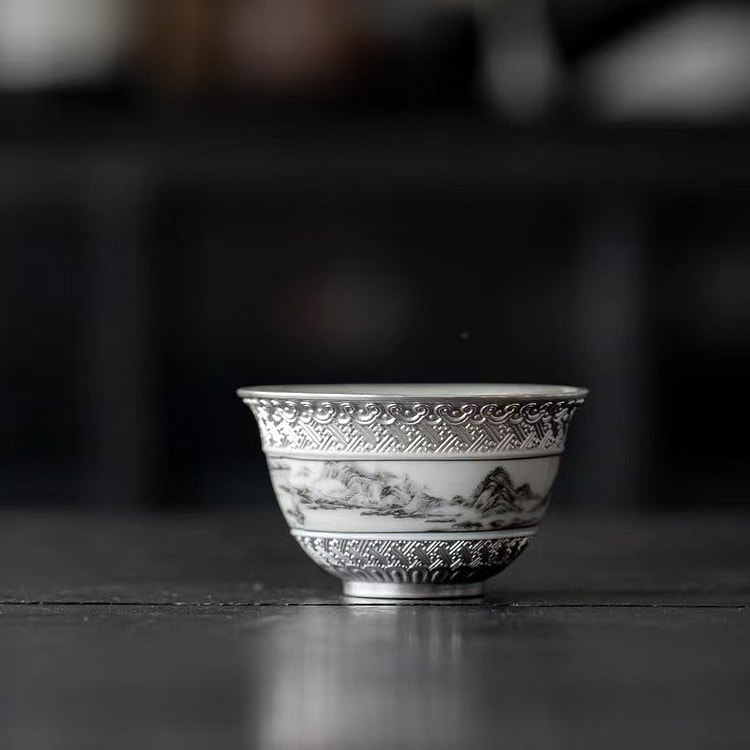 中式纯银鎏银山水主人杯个人专用陶瓷茶杯品茗杯高端礼