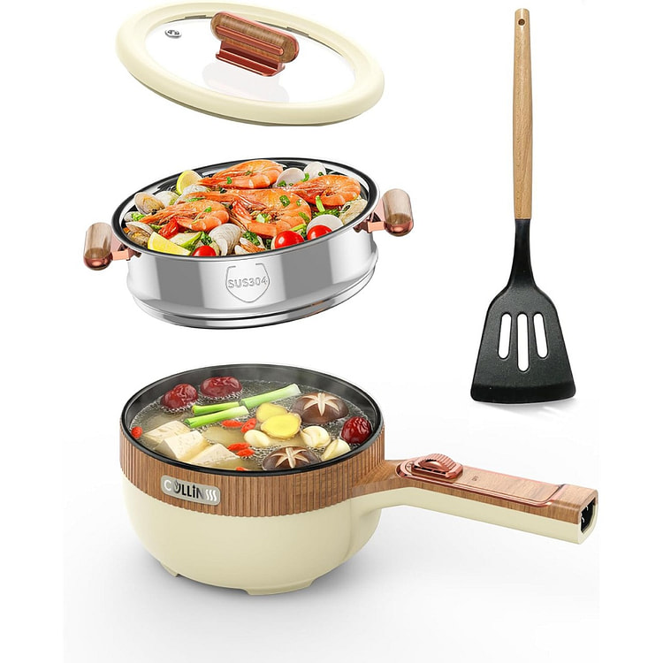 电热火锅 拉面锅 1.5L电煮锅带蒸架 陶瓷不粘锅