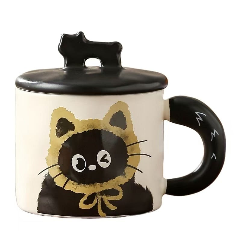 Gorgeous Ins Style Ceramic Mug With Lid Cute Couple Mc Character Cat -Yellow 1PC 1 each