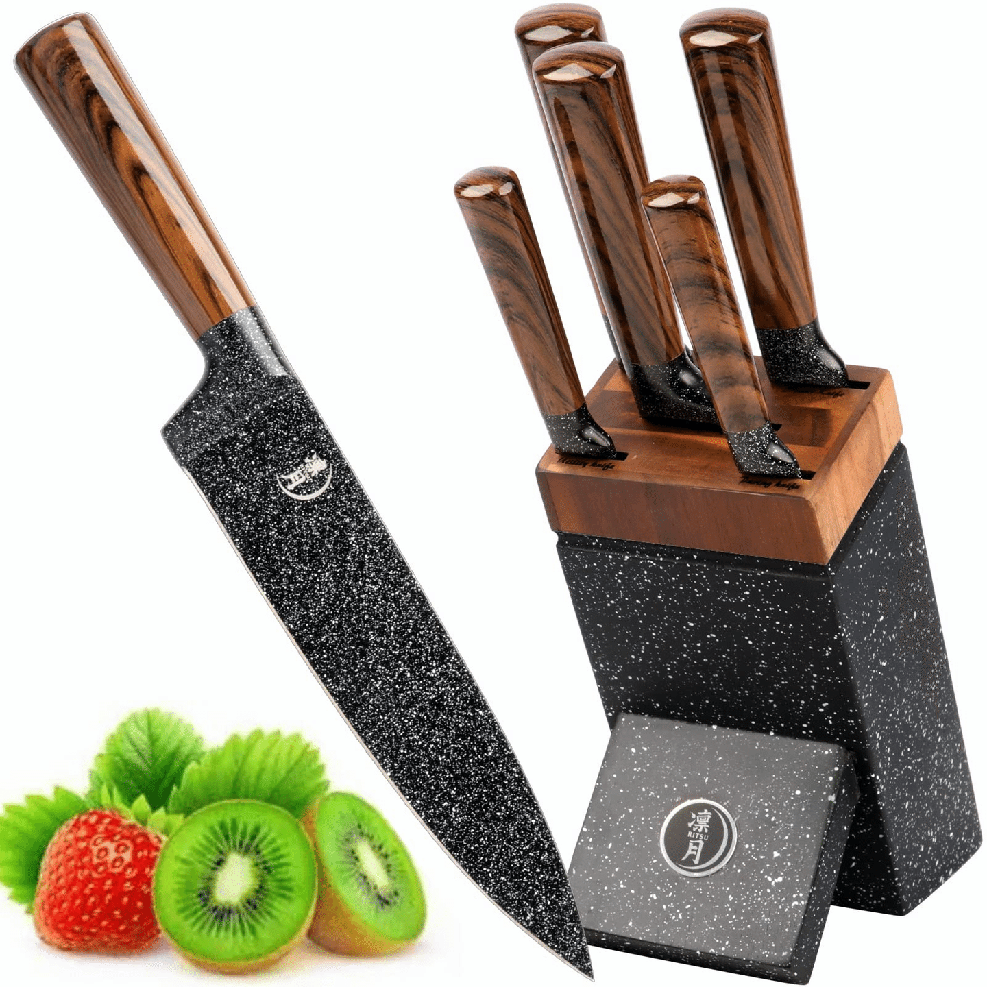 RITSU 6 Pieces Kitchen Knife Set with Block, with Non-stick Coating Blade, Black 4.95 lb