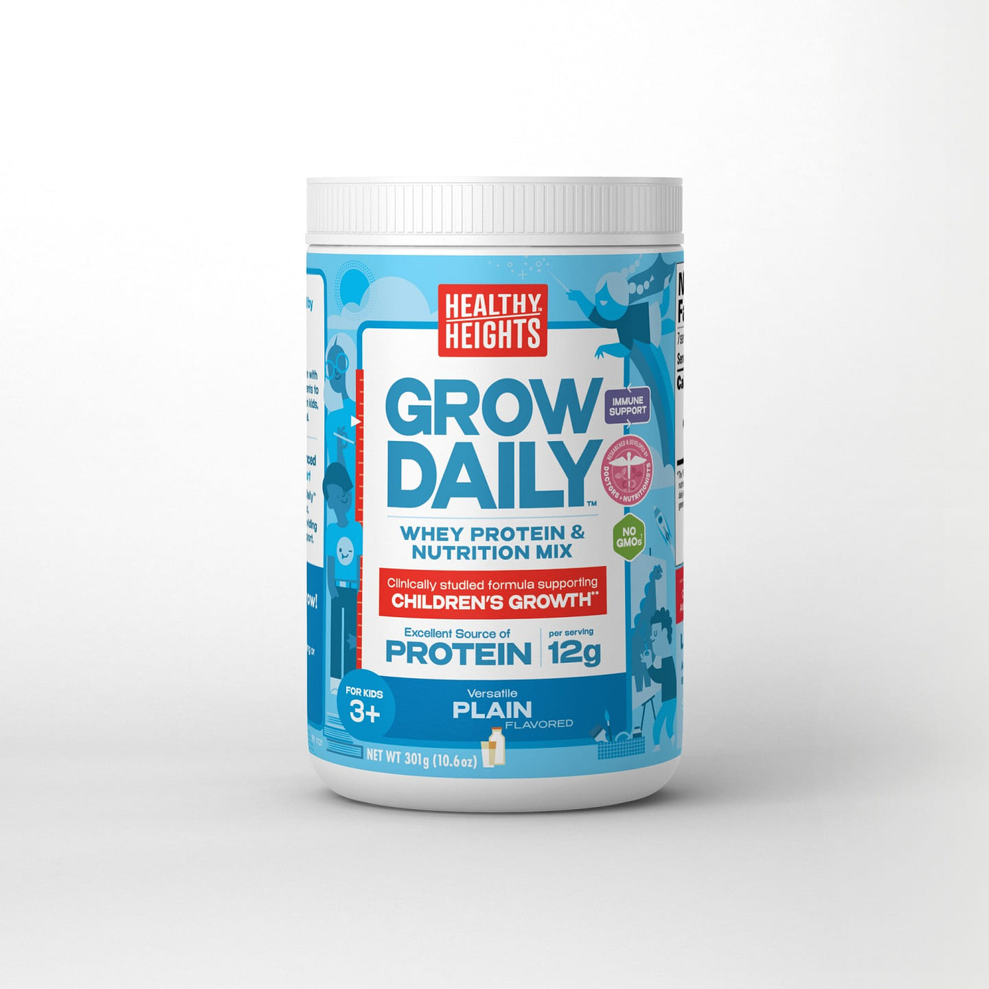 Healthy Heights Grow Daily 3+ Shake Mix Powder, 12g Protein , Plain 10.6 oz