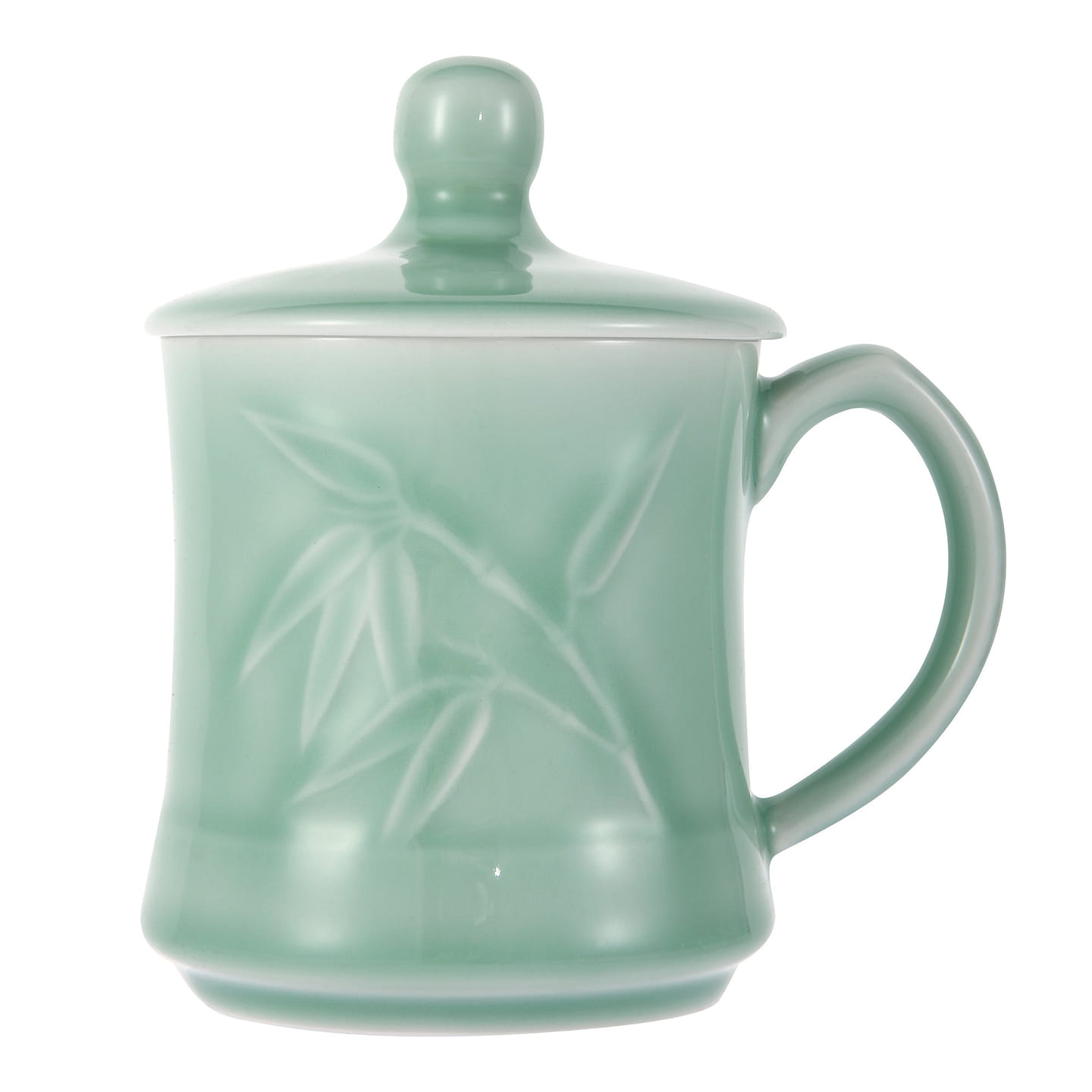 Celadon Teacup Coffee Mug Milk Cup Bamboo Leaf Pattern with Lid 13oz Plum Green 1 each