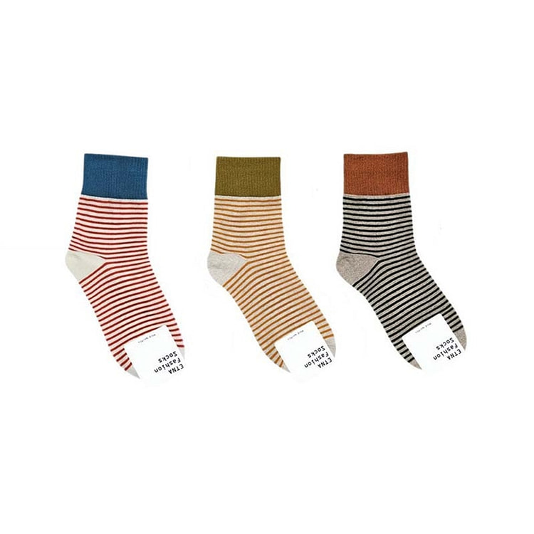 韩国 秋冬细条纹中筒棉袜3双 1 包