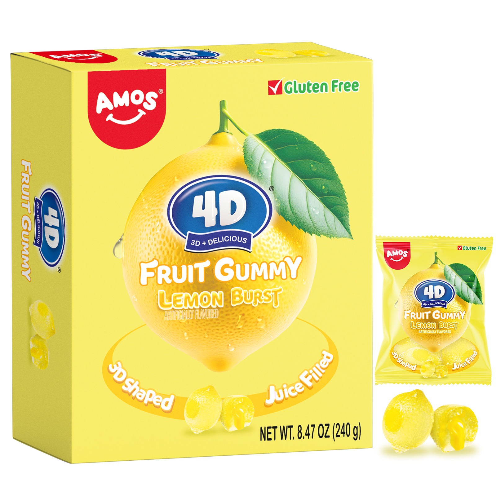 Amos 4D Fruit Gummy Burst Candy lemon flavor(10ct) 8.47 oz