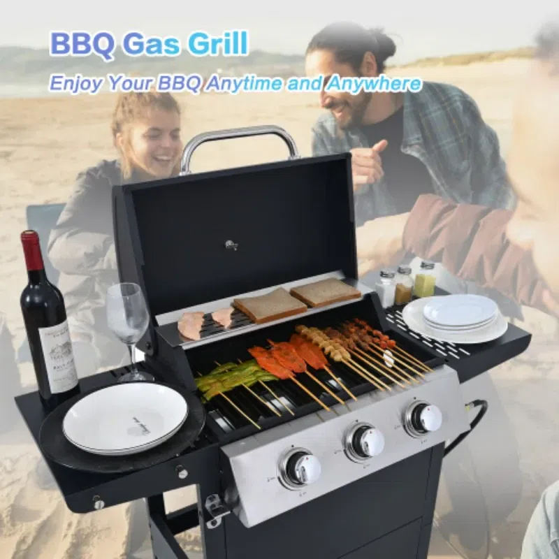 Propane Gas Grill 3 Burner Barbecue Grill, Stainless Steel 26,000 BTU Patio Garden Barbecue Grill with Two Shelves, Lid, Wheels and Bottle Opener 1 each