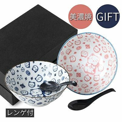 日本製美濃燒 招財貓拉麵丼飯碗附湯匙禮盒組 1 份