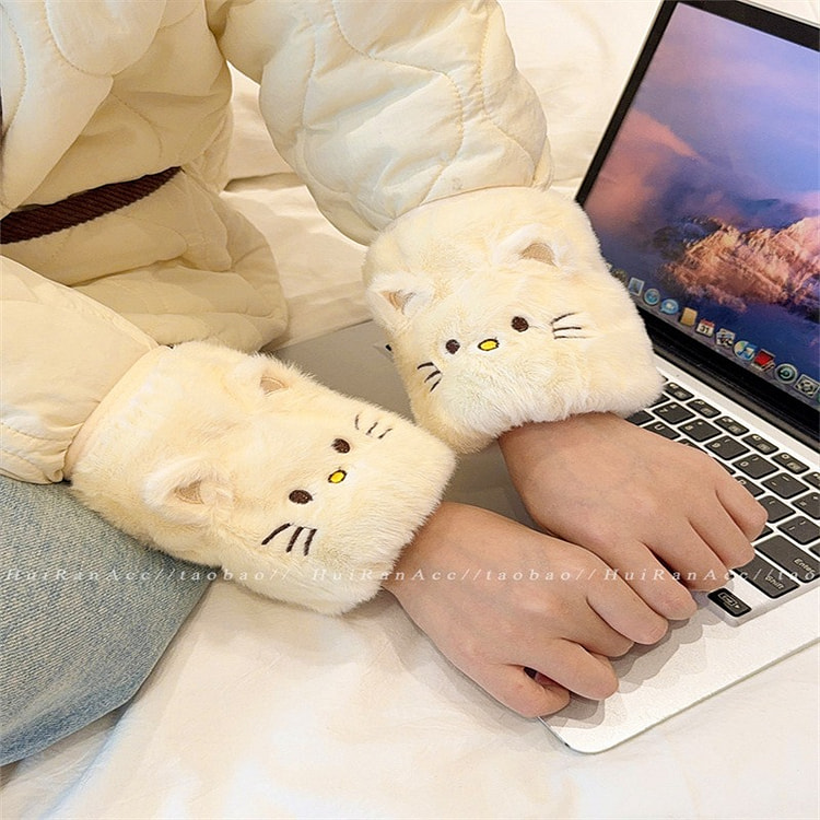 毛绒猫咪防污袖套 米色 短款 1双 1 份