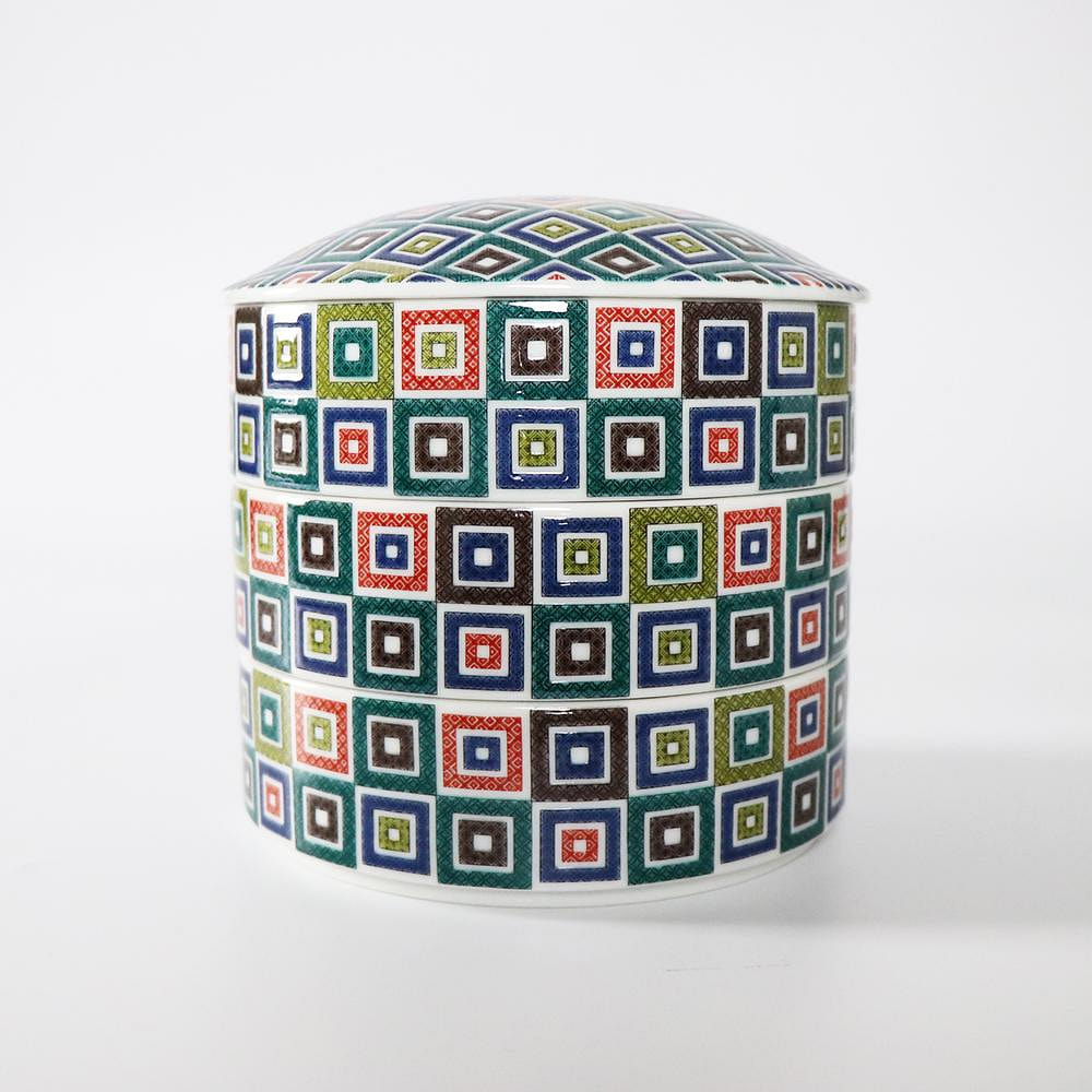 Kutani Ware Three-tier Food Box Tiles 6.1 × 6.1 × 6.1 in 1 count