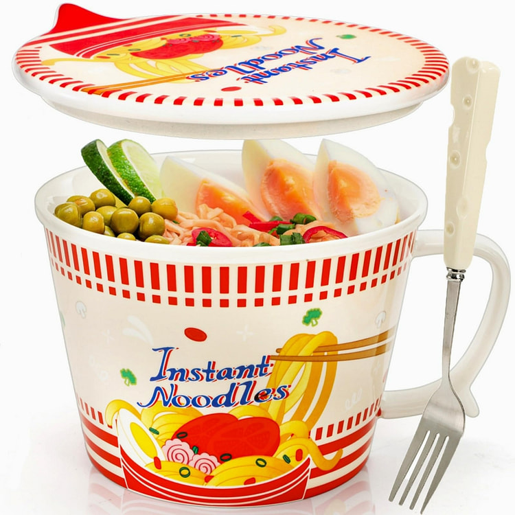 Ceramic Ramen Bowl with Lid, 35OZ Noodle Cup Fork 1 each