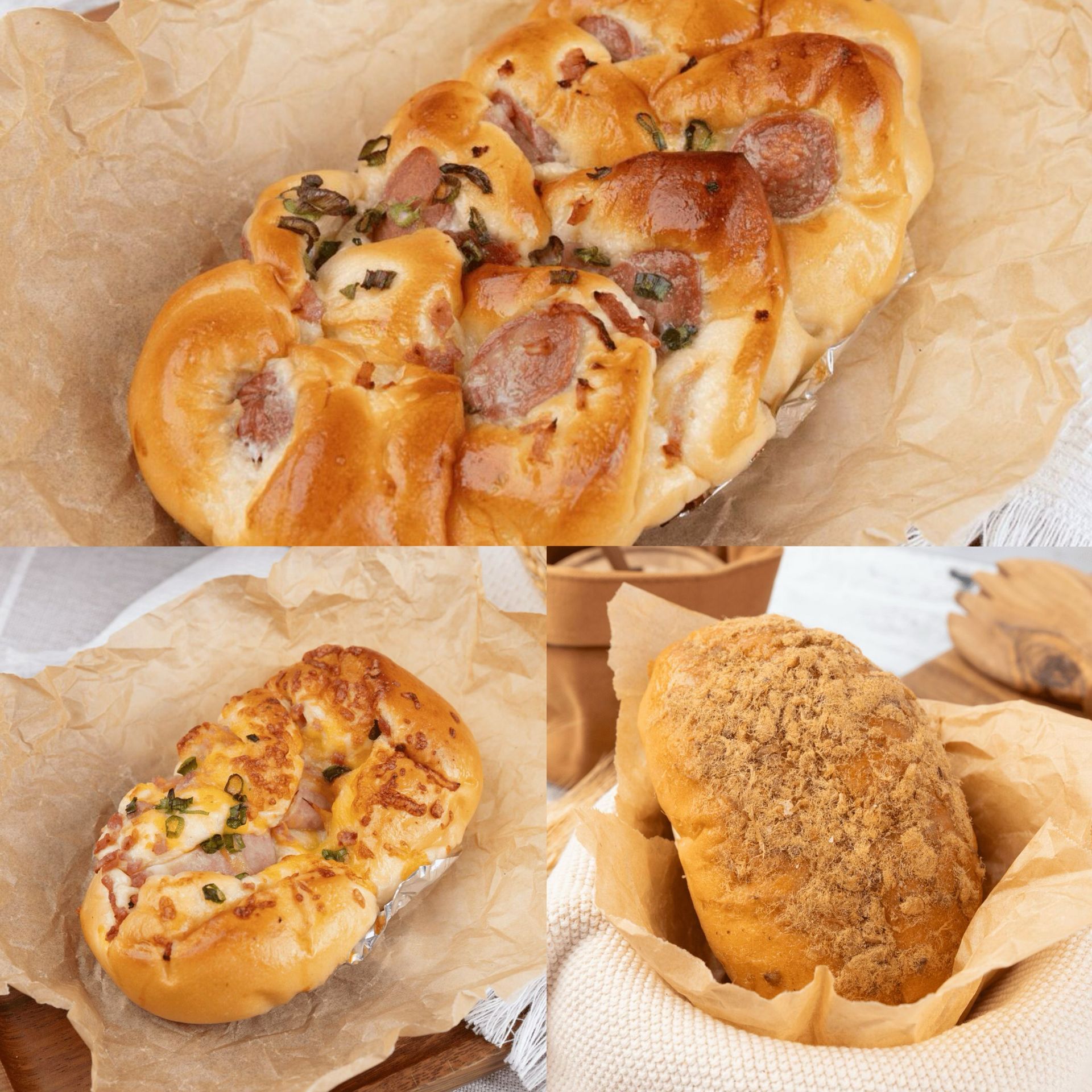 咸味组合(香肠编织面包+肉松面包+火腿面包) 1 份