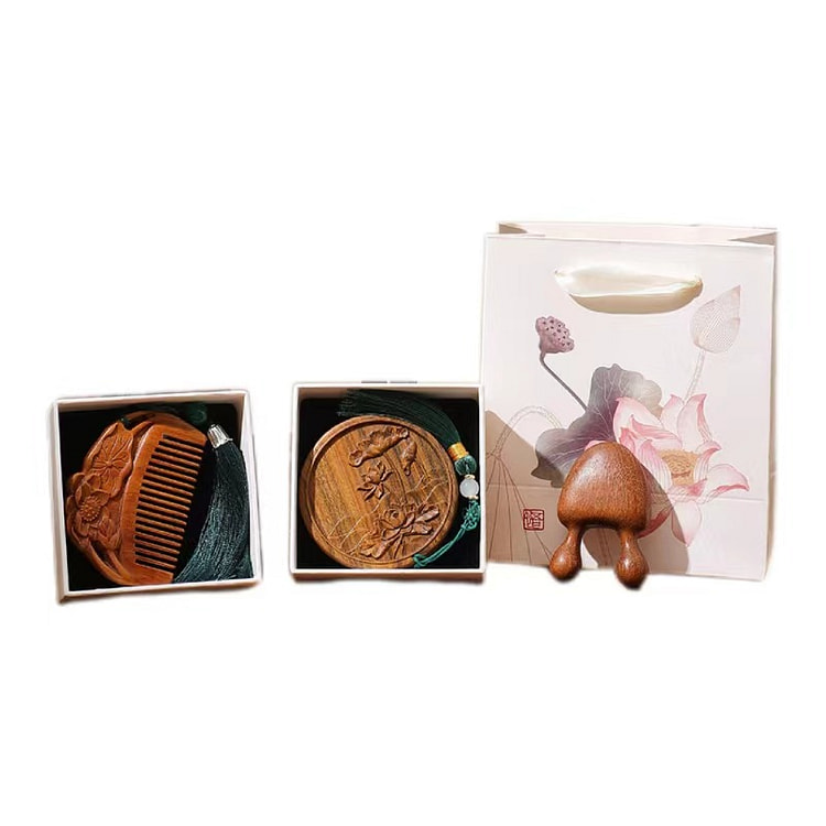 【中国直邮】 FOXTAIL 中国风檀木梳+檀木镜礼盒 教师节礼物/纪念品/长辈/传统礼物/自然原色/立体精致/小巧便捷/握感舒适-十里荷花 1个
