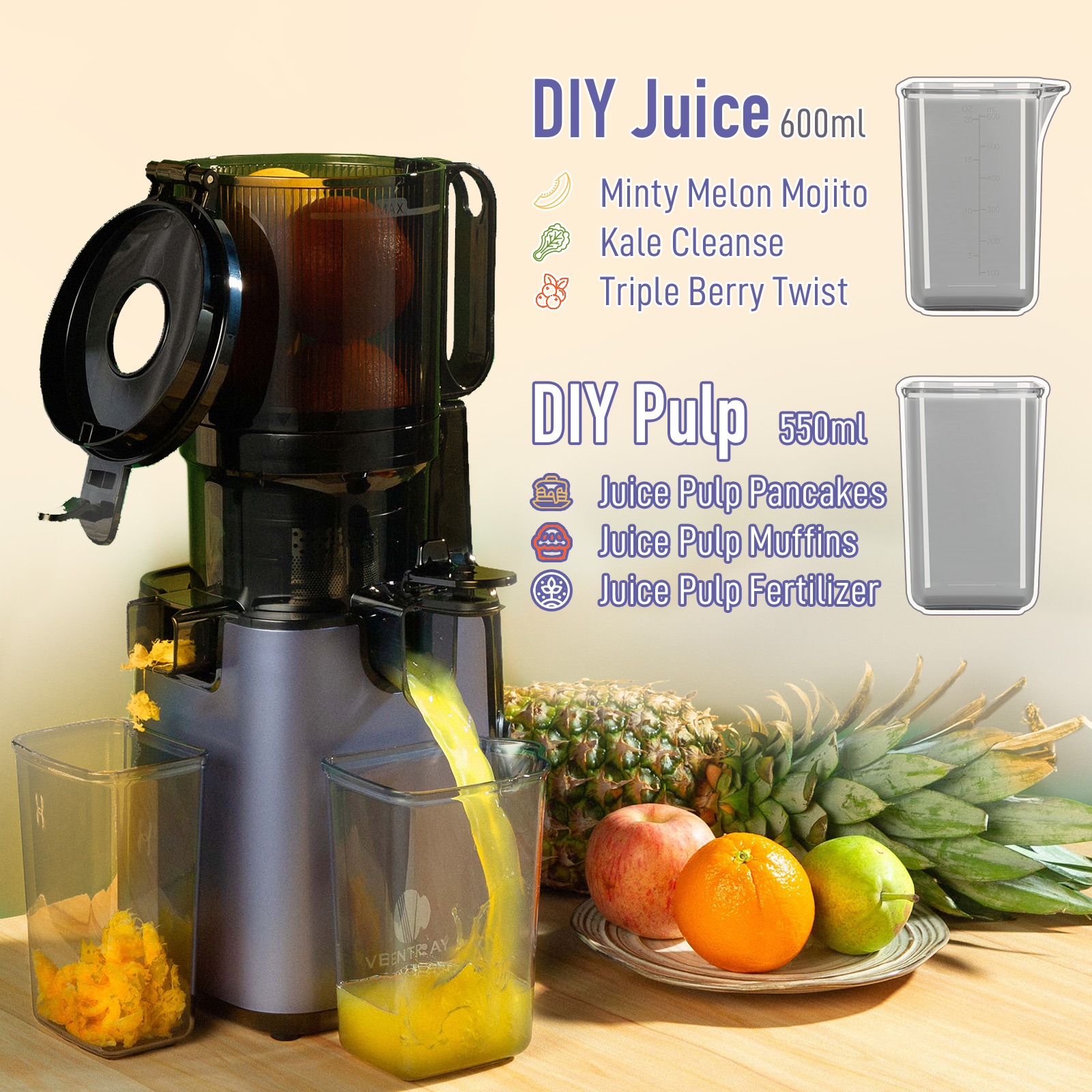 Ventray Cold Press Juicer, Large Feed Chute for Fruits 