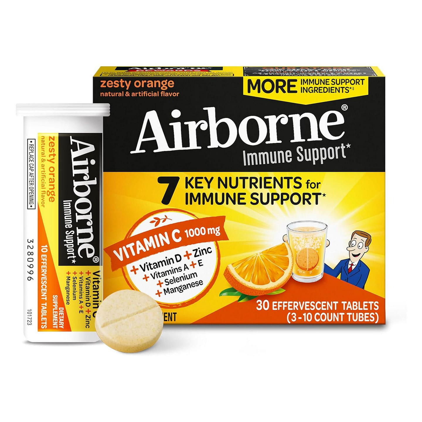 Airborne 1000mg Vitamin C with Zinc, 30 tablets 1 box