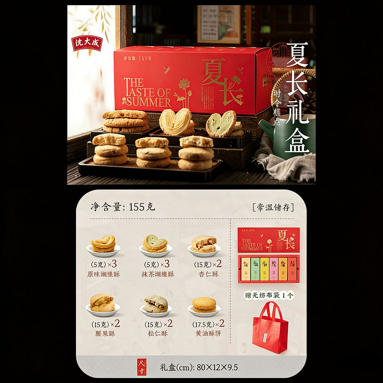 沈大成 夏长礼盒 蝴碟酥杏仁腰果松仁酥糕点 155 克