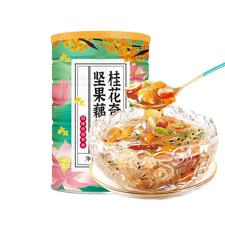 藕粉羹 桂花奇亚籽坚果藕粉羹，莲藕粉汤500克 无添加剂 红枣坚果白莲子枸杞混合营养补充剂，简单3步制作美味即时早餐，微波炉食品，1罐，美国仓库发货，