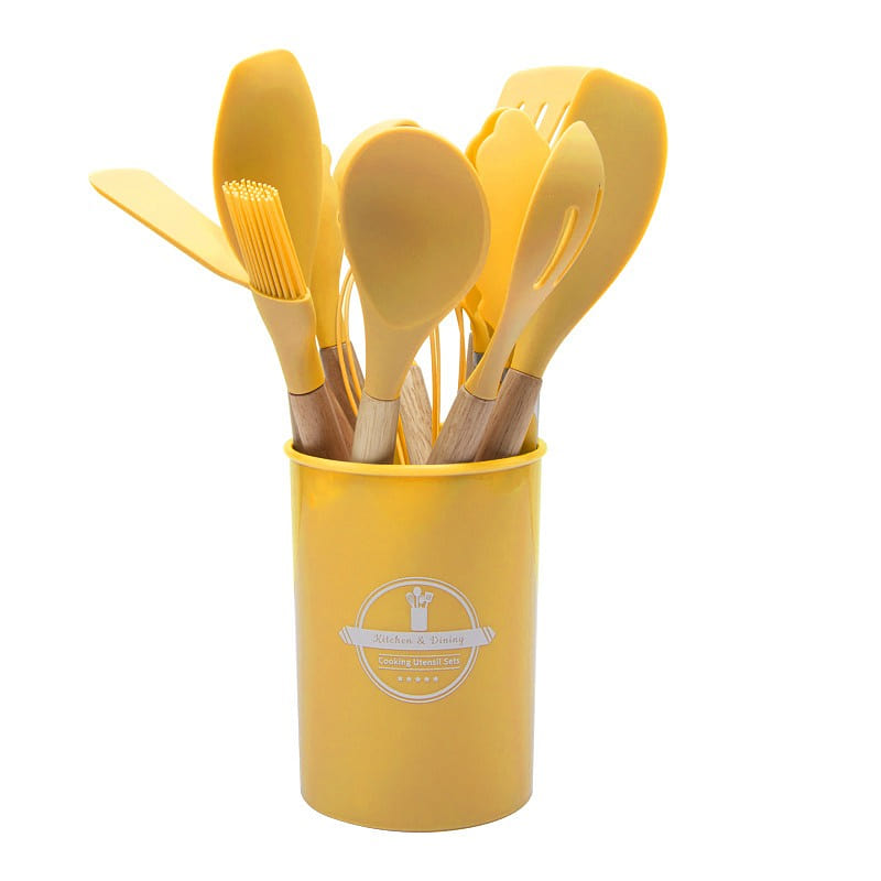 [Cooking Assistant] Wooden Handle Silicone Kitchenware Set 12 Pieces Yellow 1 box