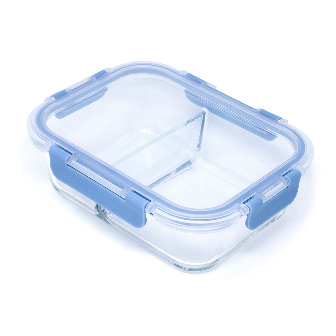 HQ Boroslicate Glass Food Containers / Canister with Blue / Clear Clip On Lid Box with 2 Compartments Airtight 35oz Rectangular Bakeware for Kitchens 1040 ML 1 each