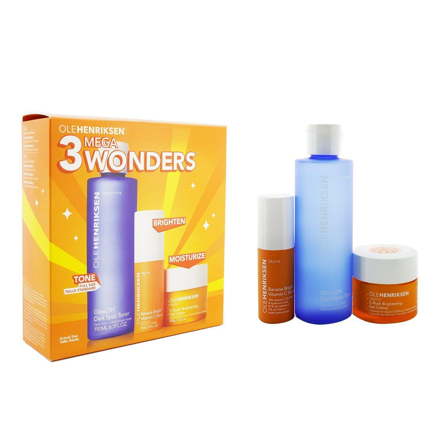 Ole Henriksen Mega Wonders Set: Banana Bright Vitamin C Serum ml + GlowOH Dark Spot Toner ml + C-Rush Brightening Gel Crème ml 3pcs 3 each