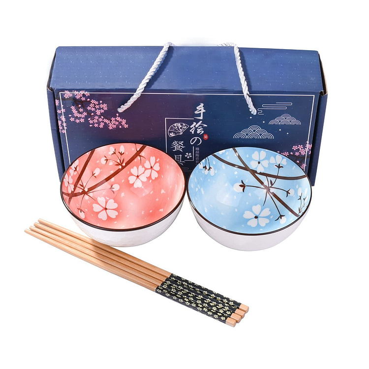 中式日式饭碗两件套 陶瓷碗 蓝色红色樱花碗 包邮