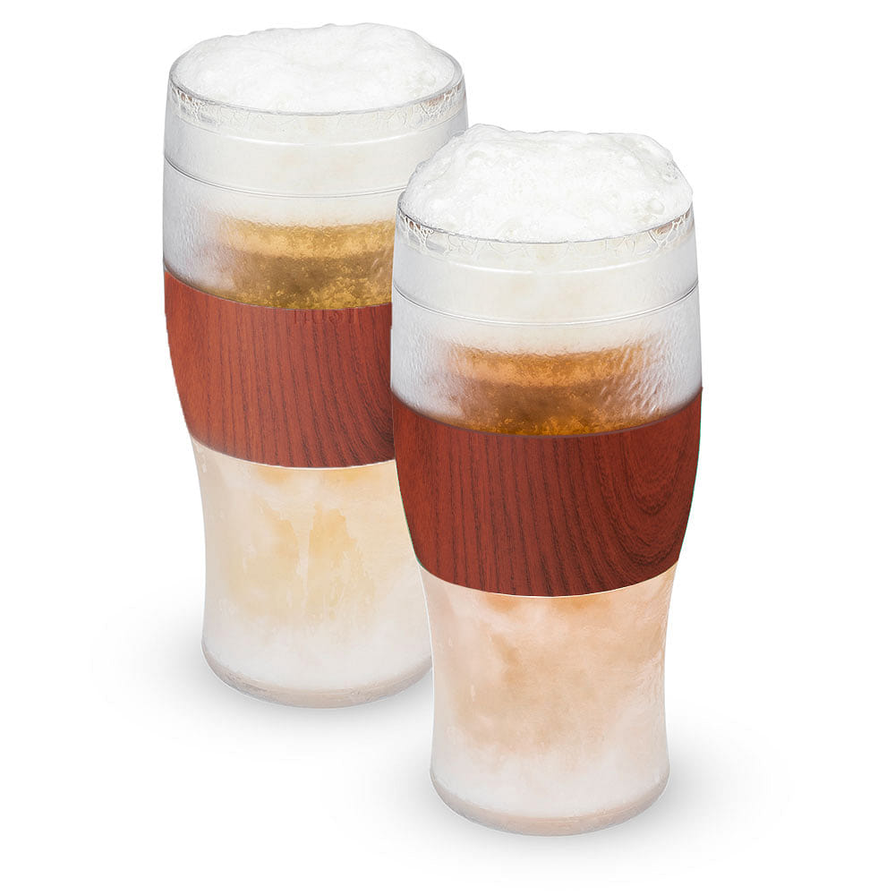 Host FREEZE Beer Glasses, Frozen Beer Mugs, Freezable Pint Glass Set, Insulated Beer Glass to Keep Your Drinks Cold, Double Walled Insulated Glasses, Tumbler for Iced Coffee, 16oz, Set of 2, Wood 16 oz