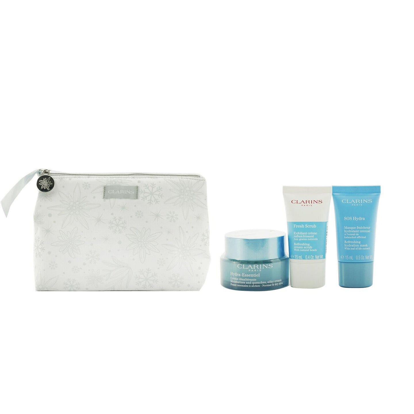 Clarins Hydration Collection: Hydra-Essentiel Silky Cream ml+ Fresh Scrub ml+ SOS Hydra Mask ml+ Pouch / 3pcs+1pouch 3 each