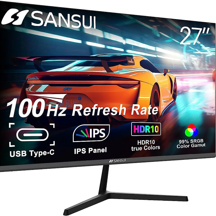 电脑显示器27英寸100Hz IPS USB Type-C FHD 1080P HDR10内置扬声器HDMI DP游戏RTS/FPS倾斜可调，适用于工