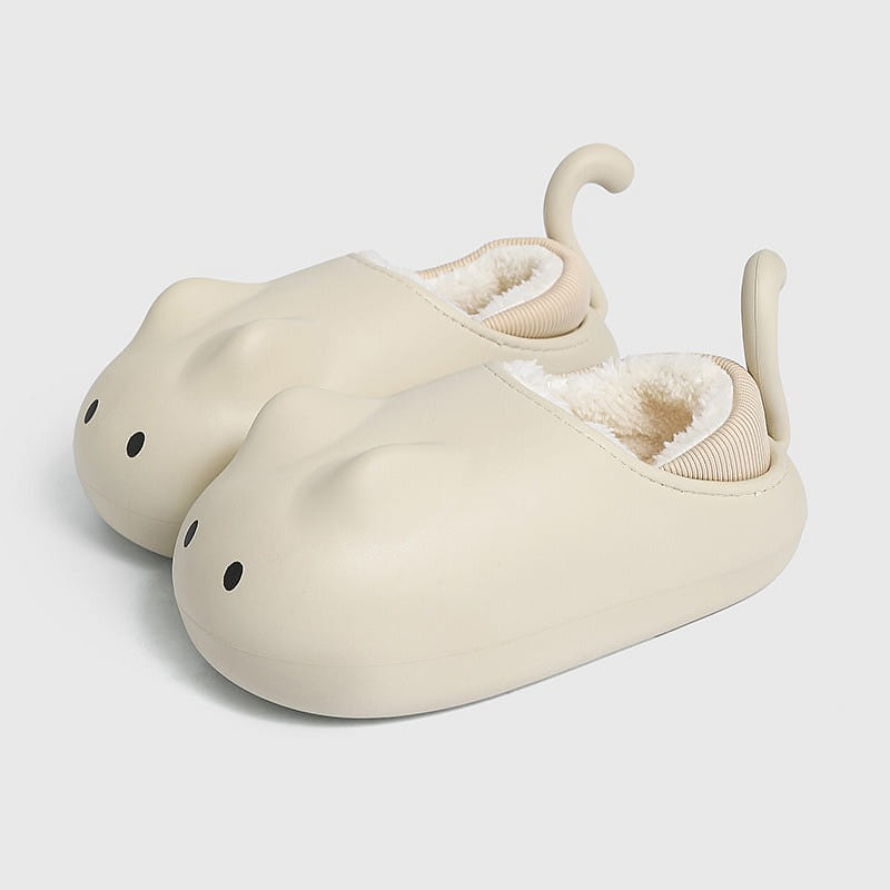 Cat Pure Color Cotton Slippers Brushed Thicken Keep Warm-Size 39-40 Beige 1 each