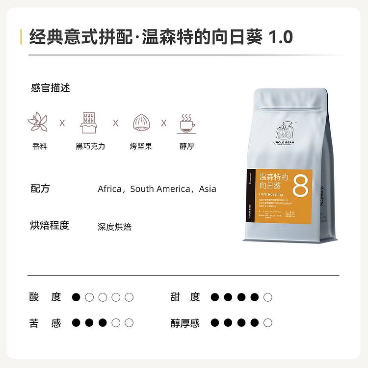 豆叔意式浓缩精品咖啡豆深度烘焙温森特的向日葵1.0 500 克