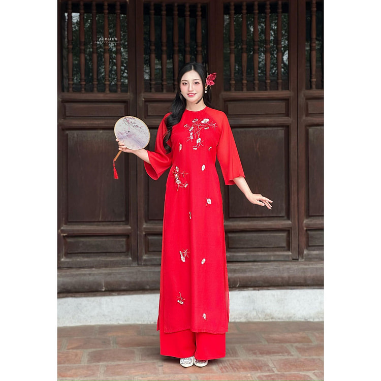 红色刺绣花卉越南长袍 H7 4XL