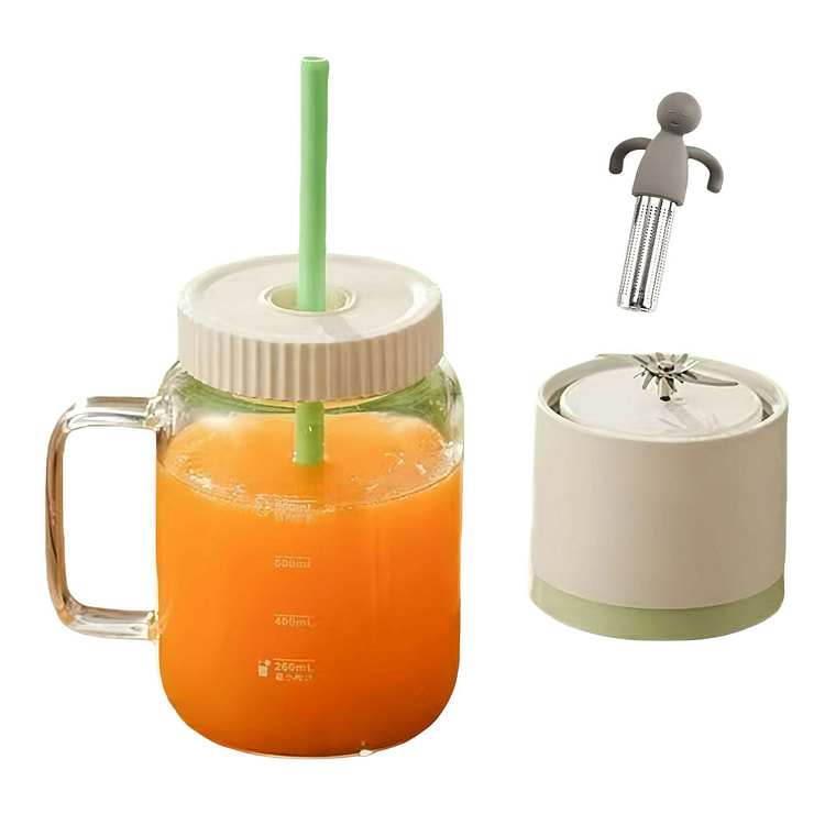 800ml果汁杯搅拌杯玻璃杯碎冰沙双盖带吸管茶漏绿 1 个