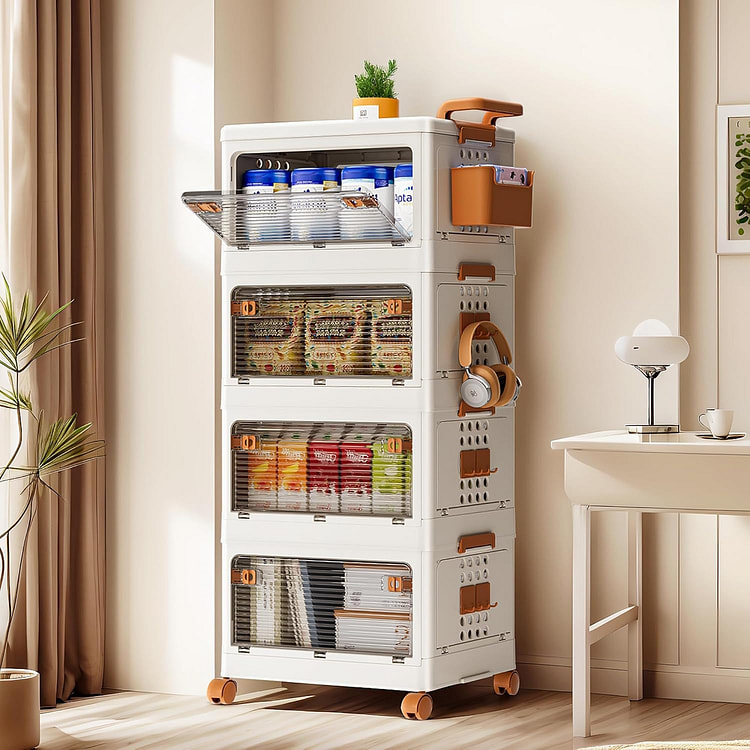 【美国现货】46 QT 可堆叠塑料储物箱，4 个装，双门塑料储物箱，带壁挂式盒子、轮子、挂钩，可折叠储物箱容器，卧室壁橱整理器，厨房储物箱