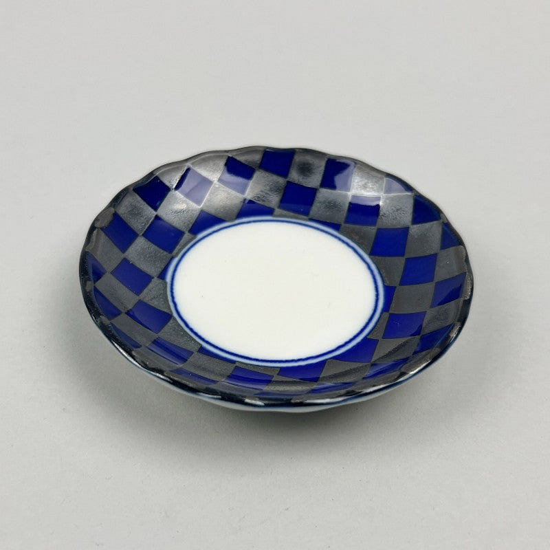 Made-in-Japan Ichimatsu Silver and Navy Checker Soy Sauce Plate 3.8 dia. 1 each