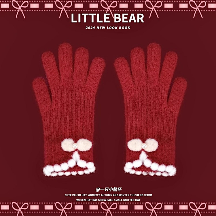 可爱蝴蝶结红色针织手套冬季五指露指可触屏保暖 1 份