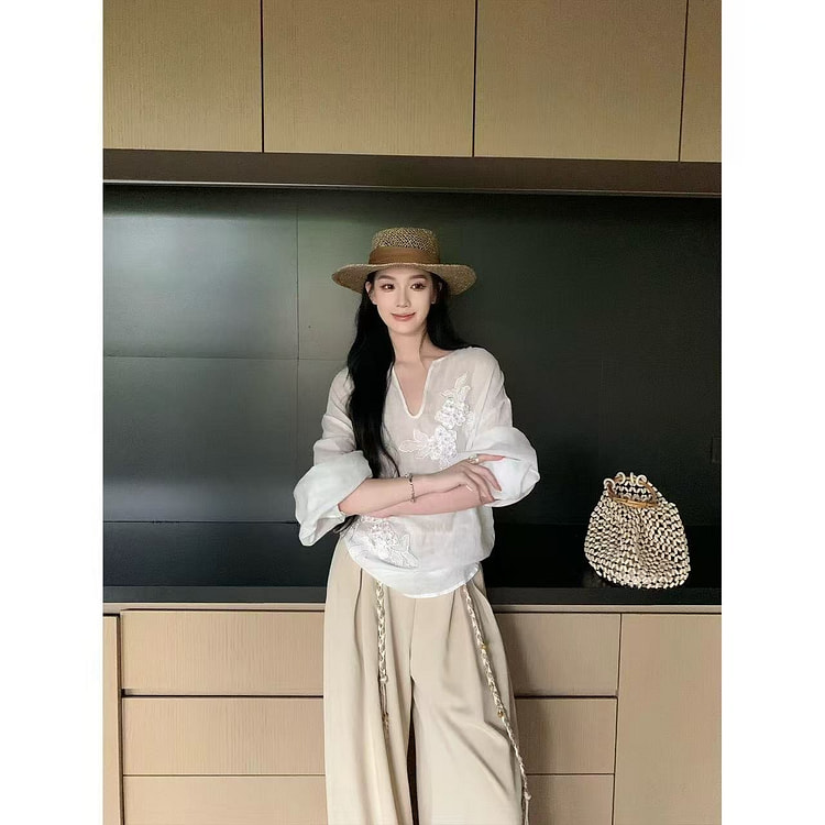 Summer Linen Striped Shirt & Wide Leg Pants Set