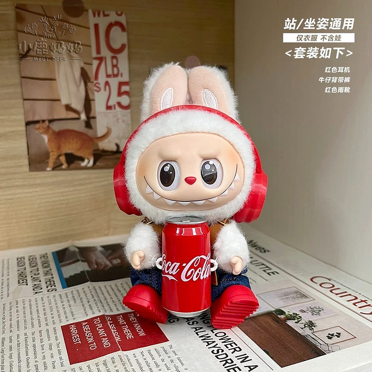 泡泡玛特可乐拉布布娃衣labubu红耳机款