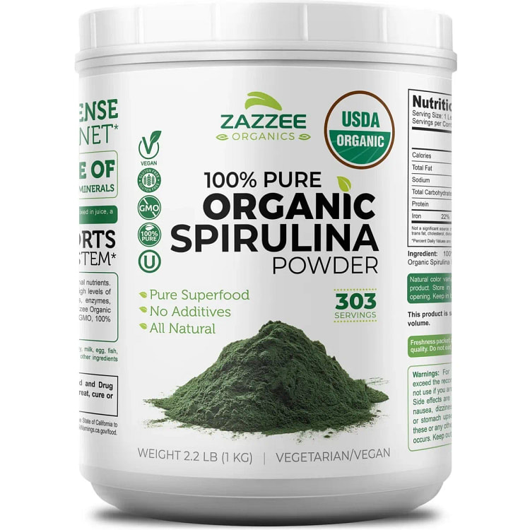 Zazzee Organic Spirulina Powder 2.2 LB, 303 Servin 1 pack