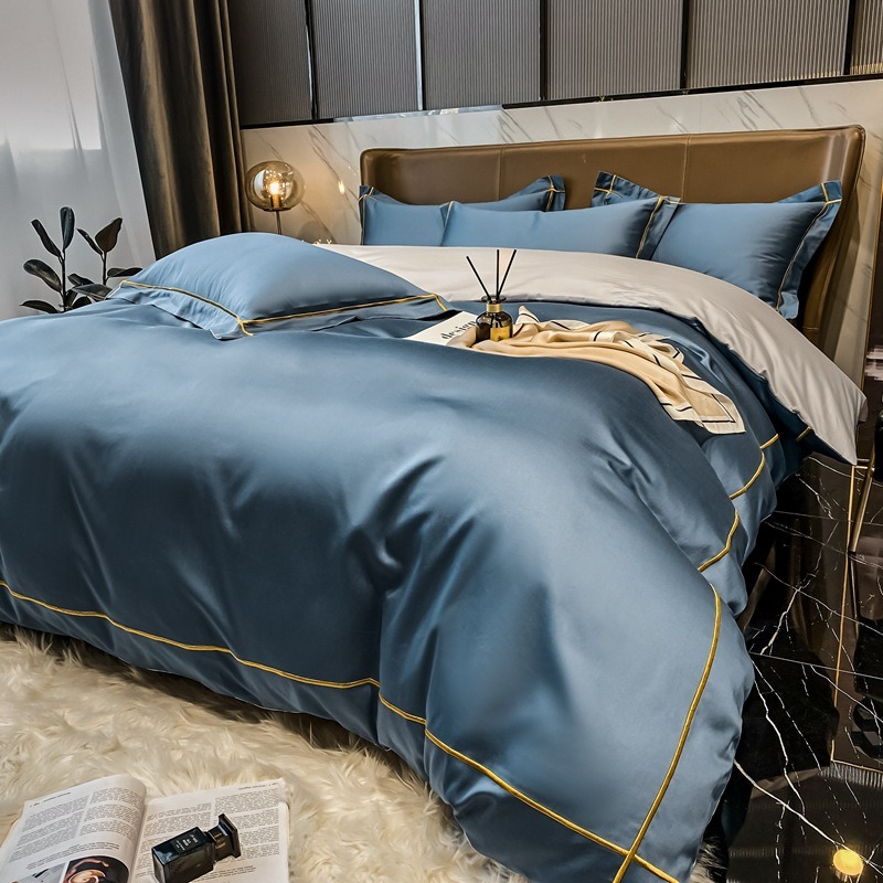Pure Cotton Sheet & Quilt Cover Four-Piece Set Blue Twin Size 2500 グラム