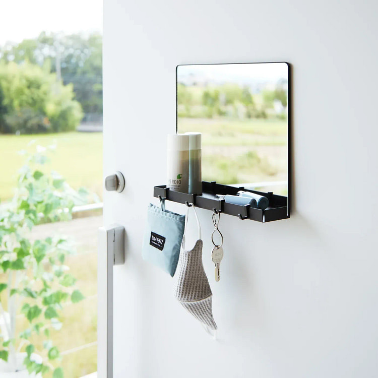 Magnetic Mirror with Storage Rack - Glass Black