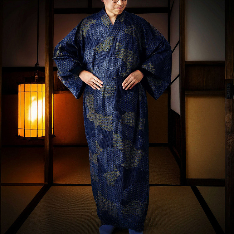 日本和服长袍（海军蓝库摩取小纹）