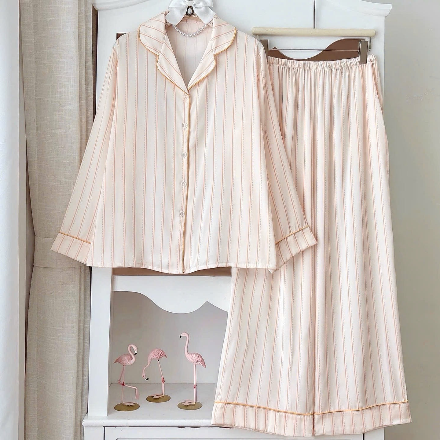 Premium Silk Pastel Yellow Striped Pajama Set 1 count