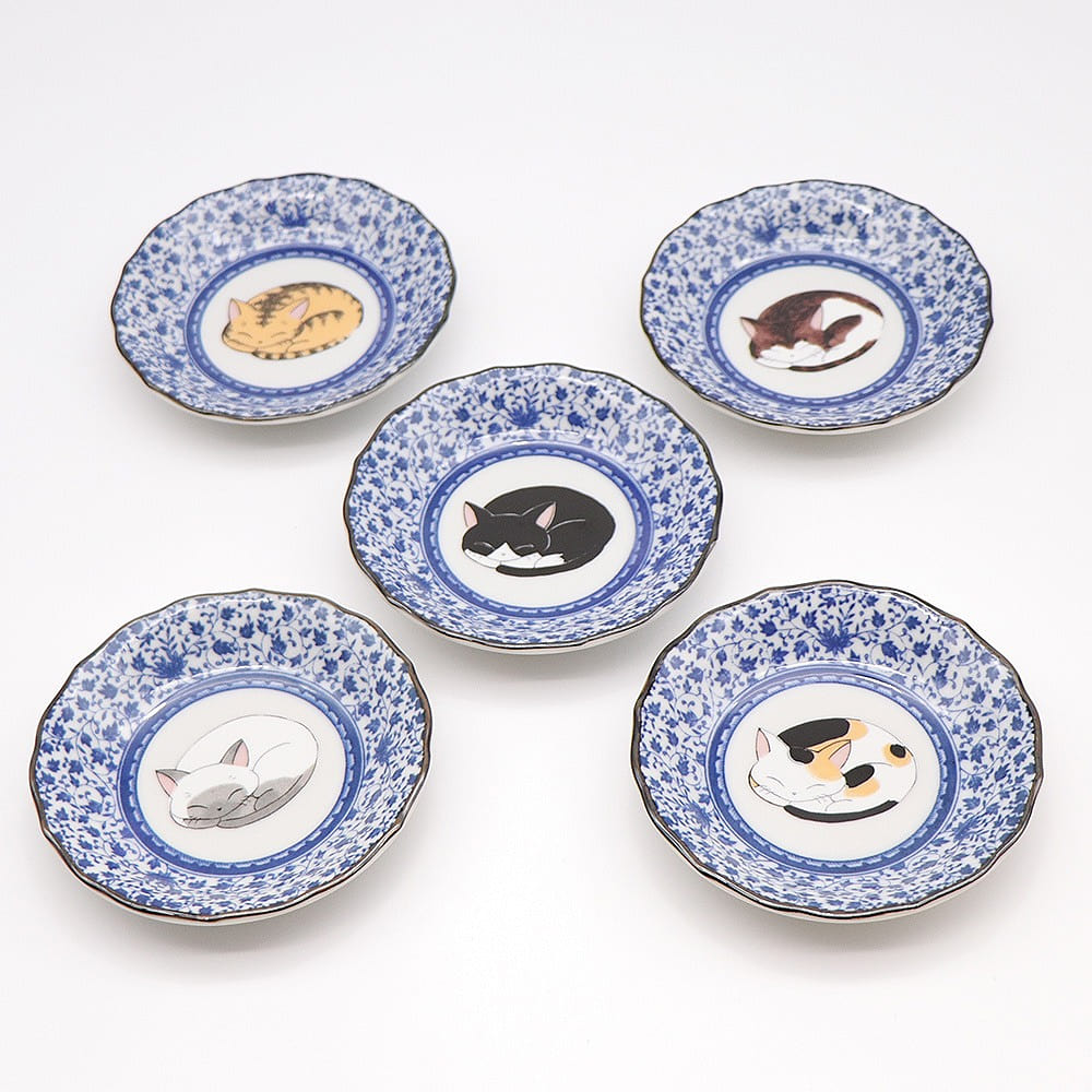 Kutani Ware Handmade Serving Plate 5set (Sleeping Cat, 4.72" x 4.72") Made in JP 5 each