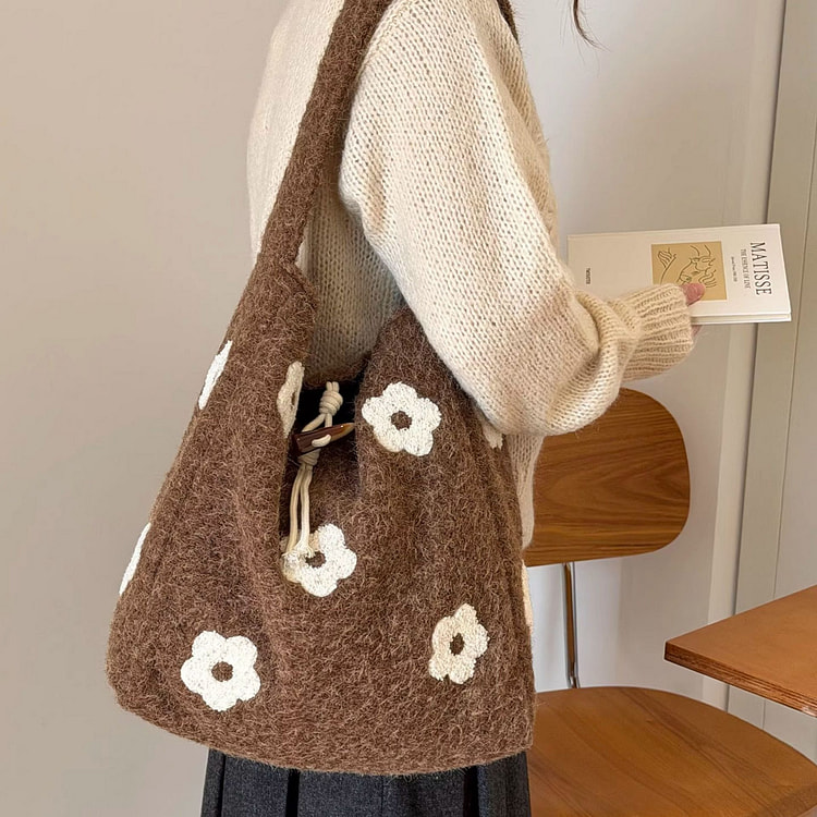 韩系花朵刺绣毛绒包包单肩水桶包 棕色1份 1 份