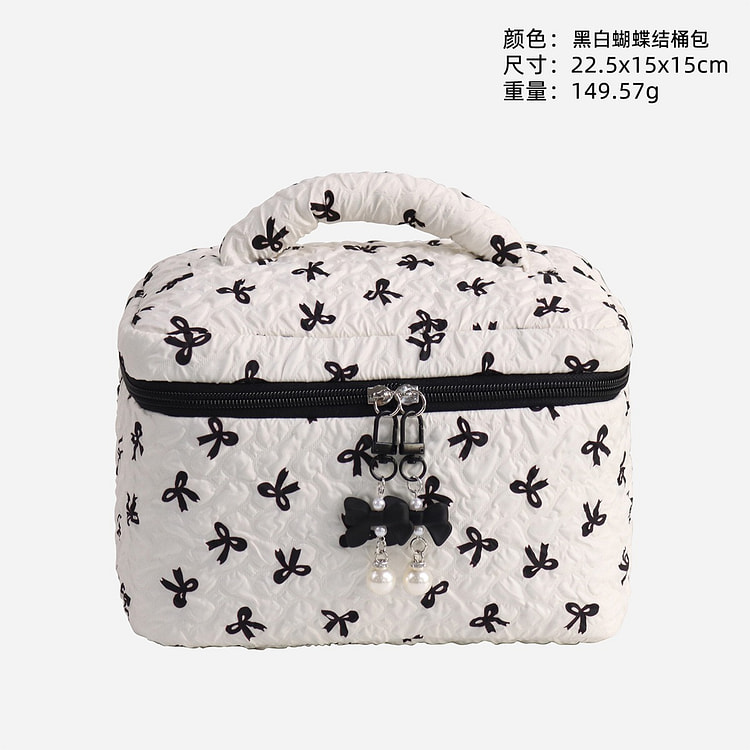 蝴蝶结化妆包零钱收纳包可爱大容量 黑白蝴蝶结桶包